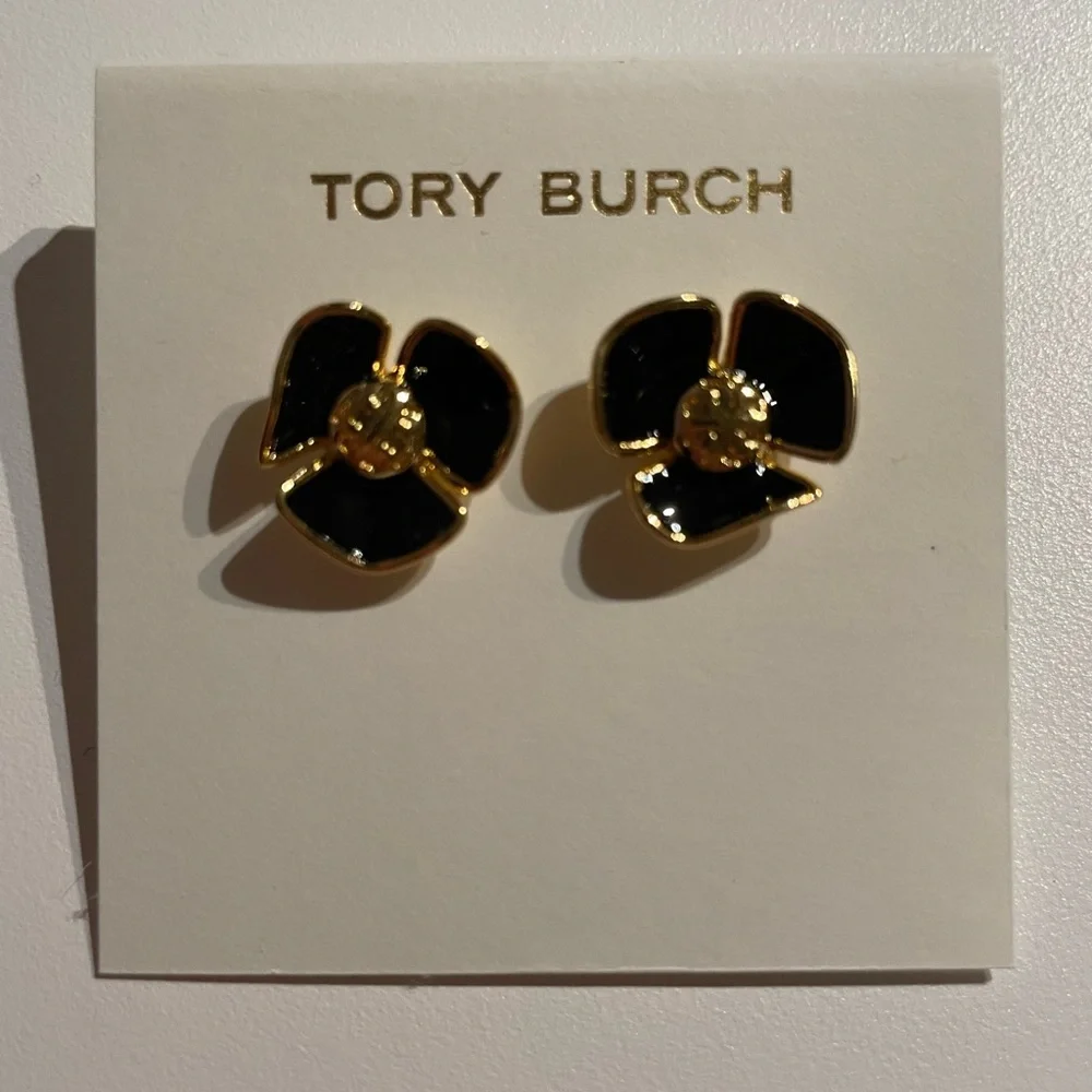 Tory Burch Black and Gold Floral Studs - Picture 2 of 2